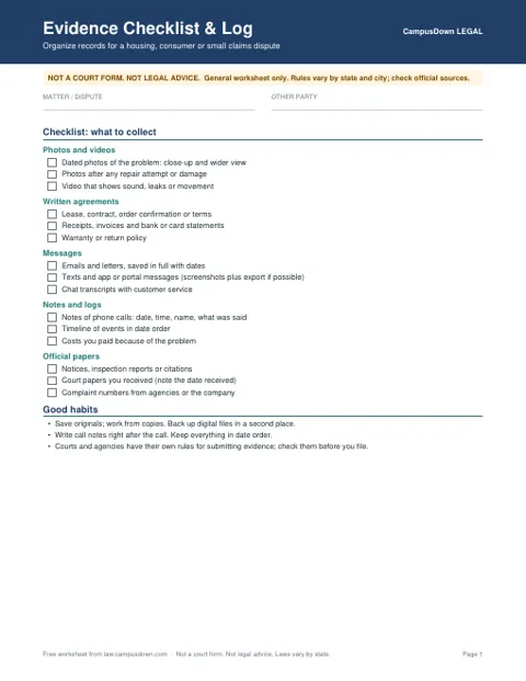 Preview of the first page of the Evidence Checklist & Log