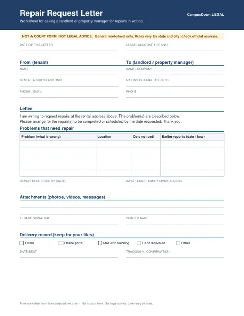 Preview of the first page of the Repair Request Letter Worksheet